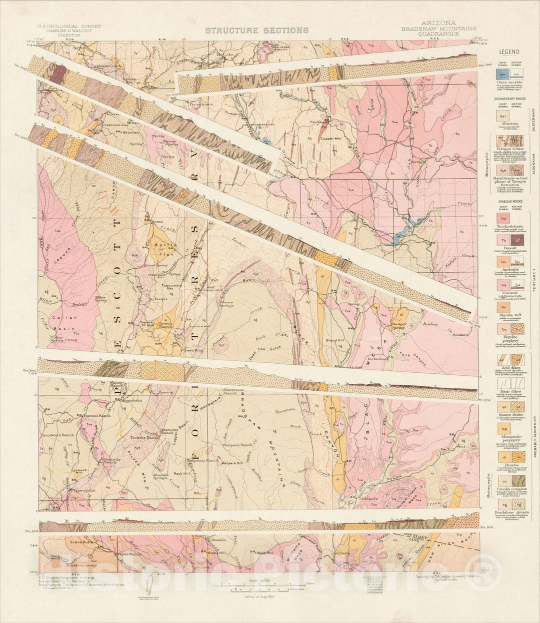 Historic Map : Arizona Bradshaw Mountains Quadrangle -- Structured Sections, 1901, U.S. Geological Survey, Vintage Wall Art