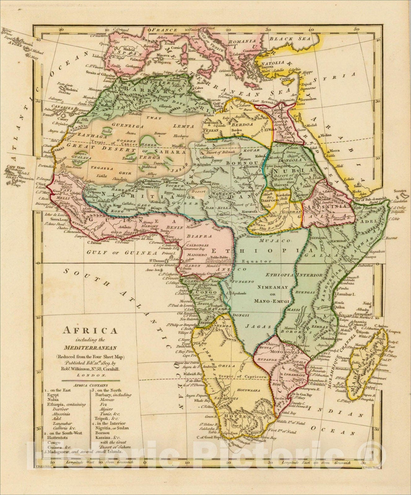 Historic Map : Africa including the Mediterranean (Reduced from the Four Sheet Map) , 1809, Robert Wilkinson, Vintage Wall Art