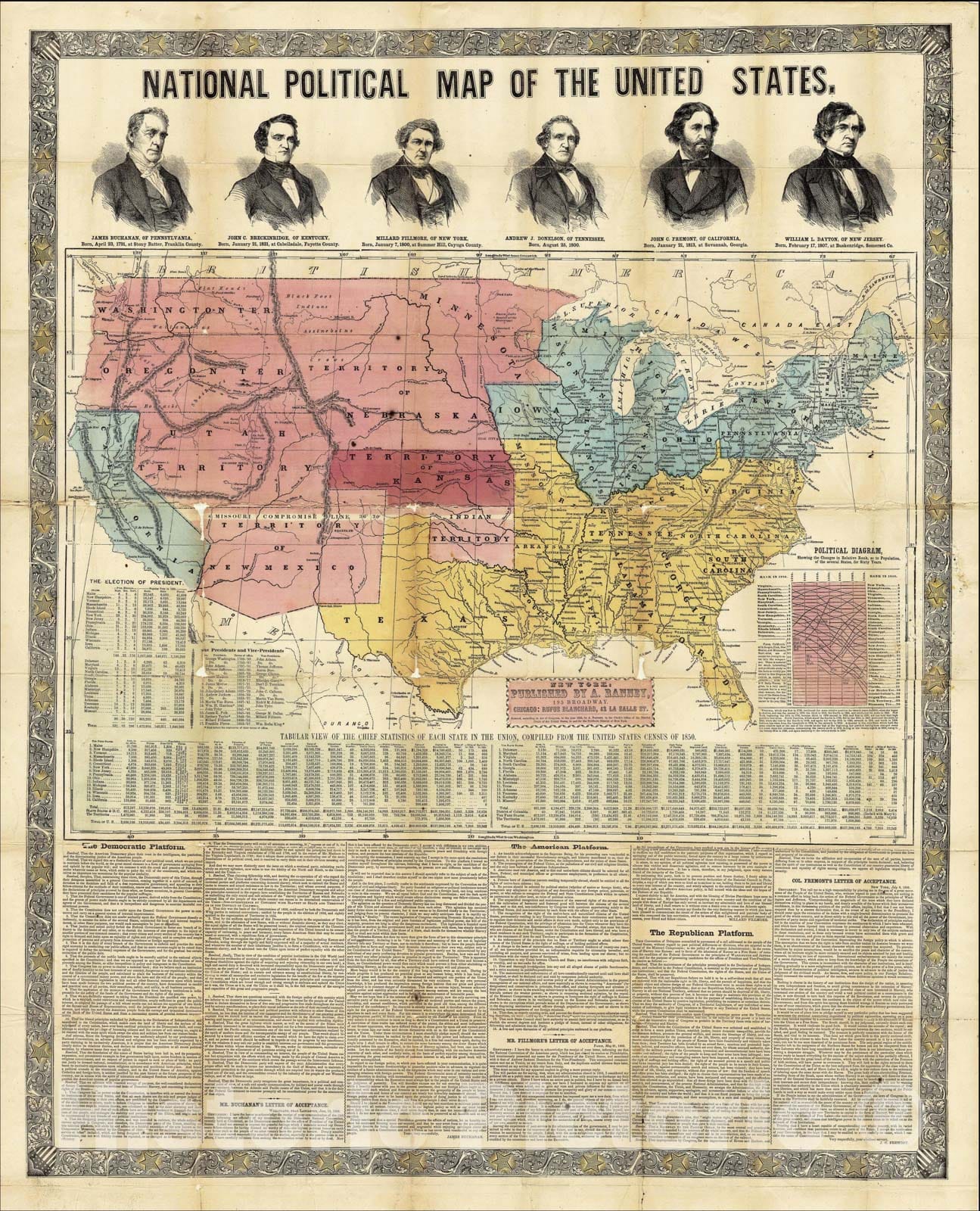 Historic Map : National Political Map of the United States, 1856, Adolphus Ranney, Vintage Wall Art