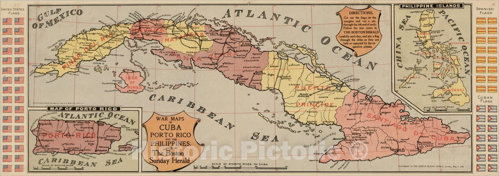 Historic Map : War Map Maps of Cuba, Porto Rico and the Philippines Issued By the Boston Herald, 1898, 1898, , Vintage Wall Art