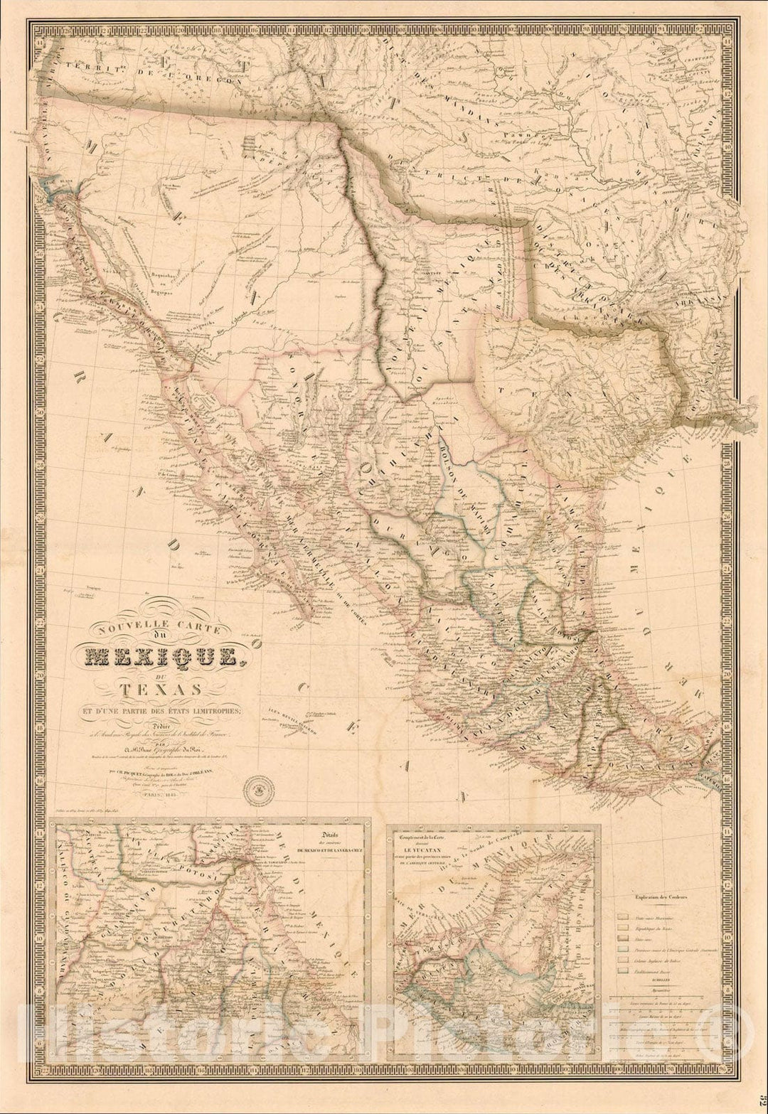 Historic Map : Nouvelle Carte Du Mexique, Du Texas Et D'Une Partie Des Etats Limitrophes, 1845, 1845, Adrien-Hubert Bru? v1, Vintage Wall Art