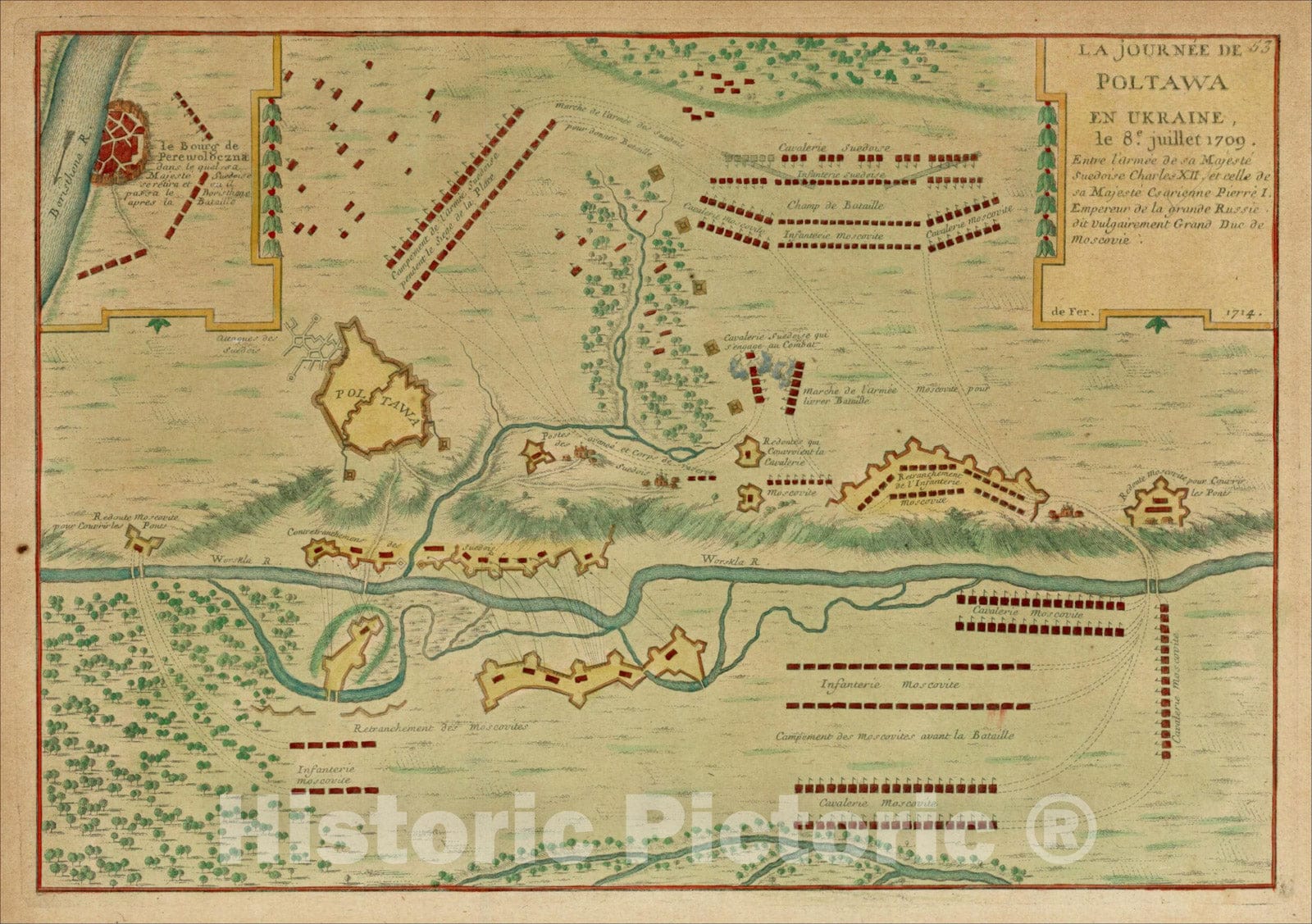 Historic Map : La Journee De Poltawa En Ukraine le 8e, 1714, Nicolas de Fer, Vintage Wall Art