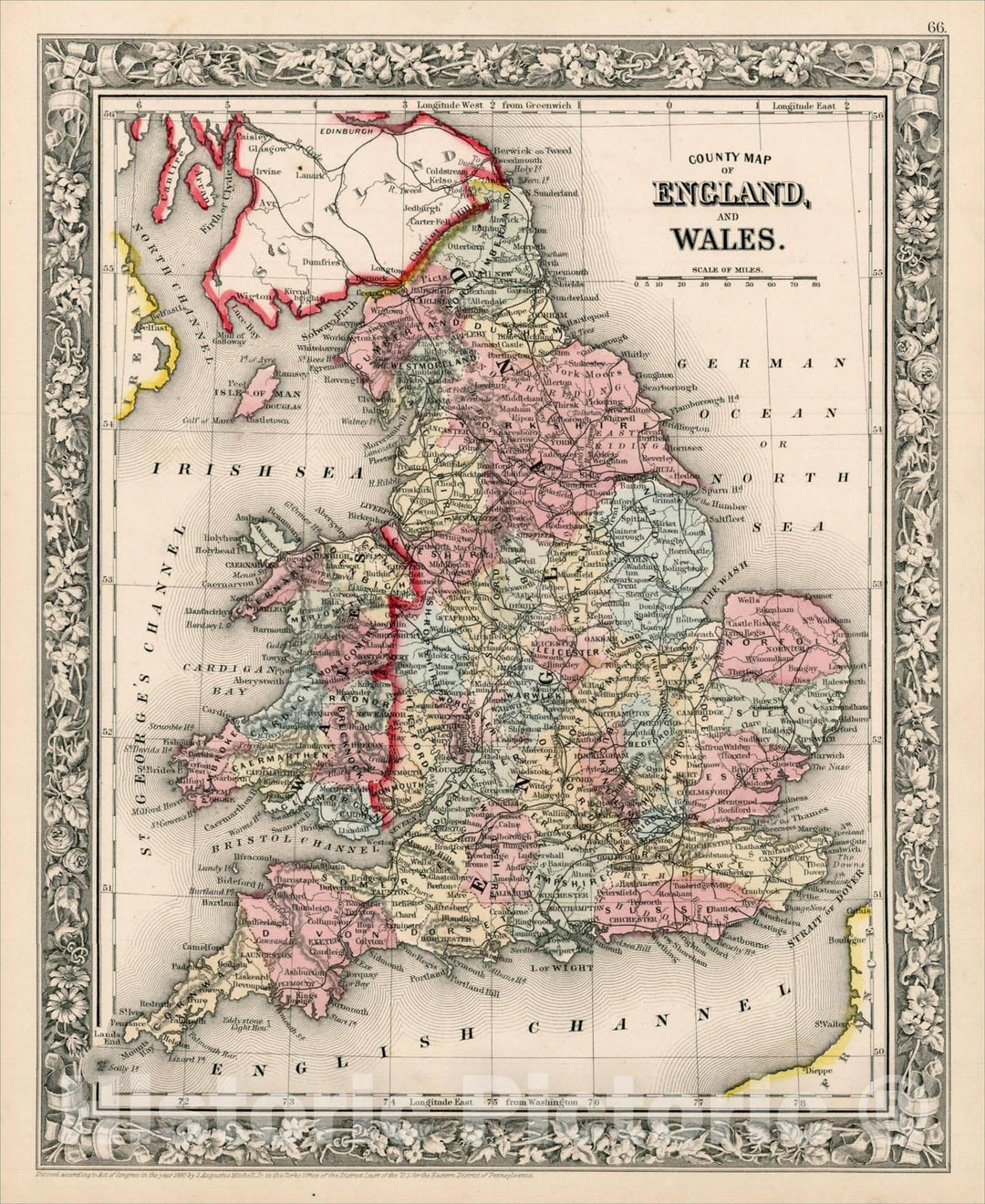 Historic Map : County Map of England and Wales, 1862, Samuel Augustus Mitchell Jr., Vintage Wall Art