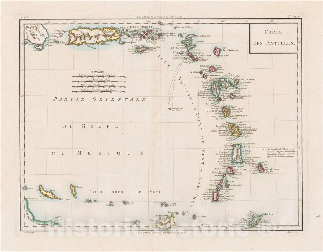 Historic Map : Carte Des Antilles [Puerto Rico and the Virgin Islands to Curacao, Bonair and Aruba], 1785, Pierre Antoine Tardieu, Vintage Wall Art