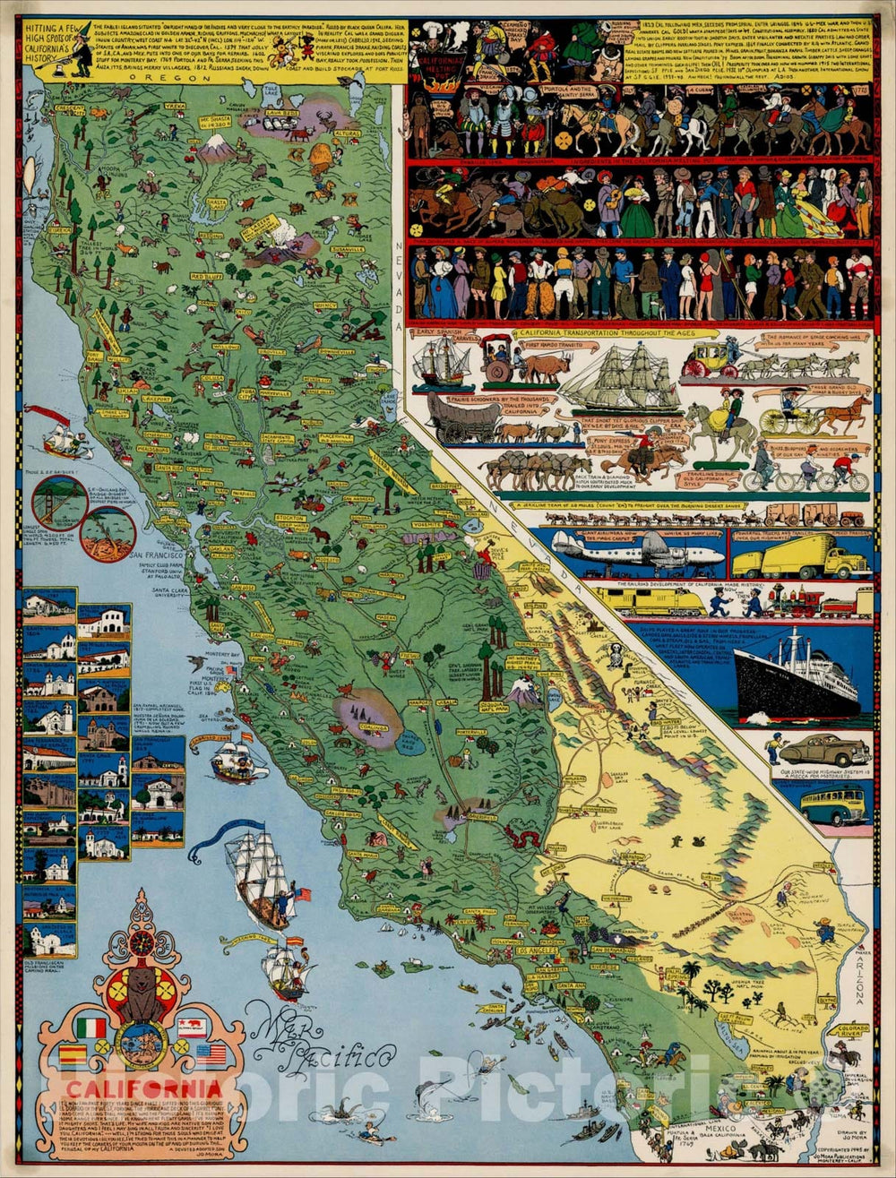 Historic Map : California, 1945, Jo Mora, Vintage Wall Art