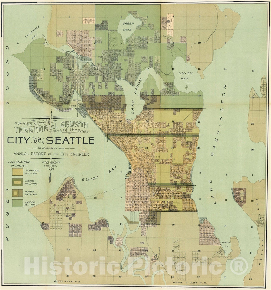 Historic Map : Map showing Territorial Growth of the City of Seattle to accompany the Annual Report of the City Engineer., 1891, Albro Gardner, Vintage Wall Art