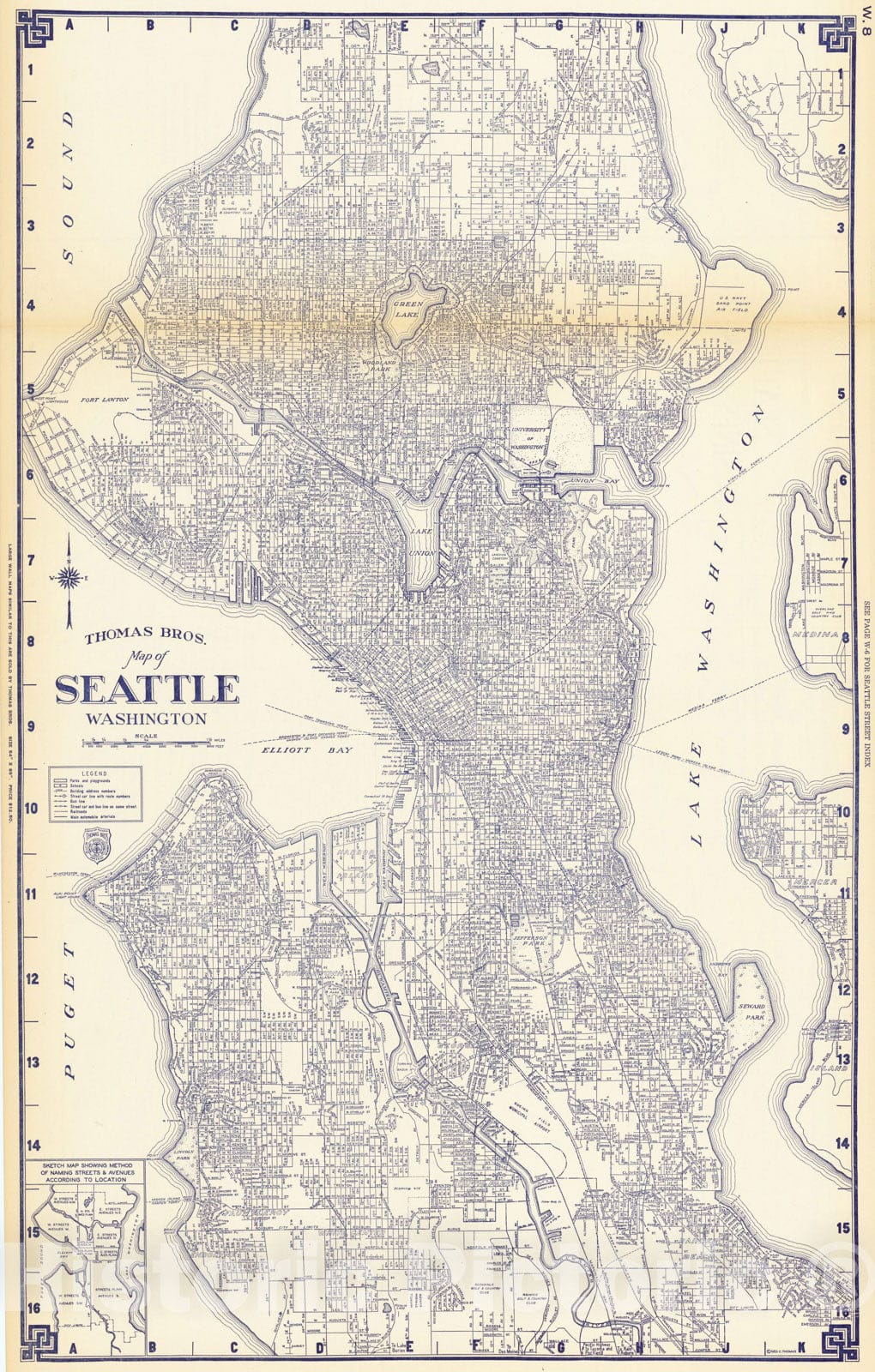 Historic Map : Thomas Bros. Map of Seattle, Washington, Map of the Seattle Business District, c1920, Thomas Brothers, Vintage Wall Art