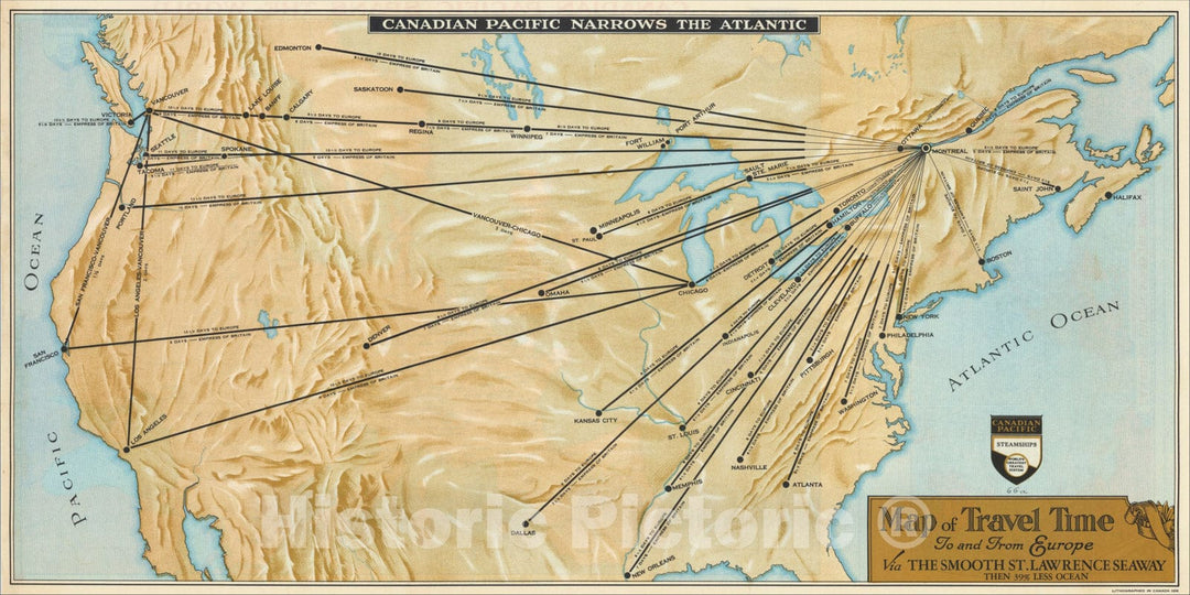 Historic Map : Map of Travel Time To and From Europe Via The Smooth St. Lawrence Seaway Then 39% Less Ocean, 1936, Canadian Pacific, Vintage Wall Art