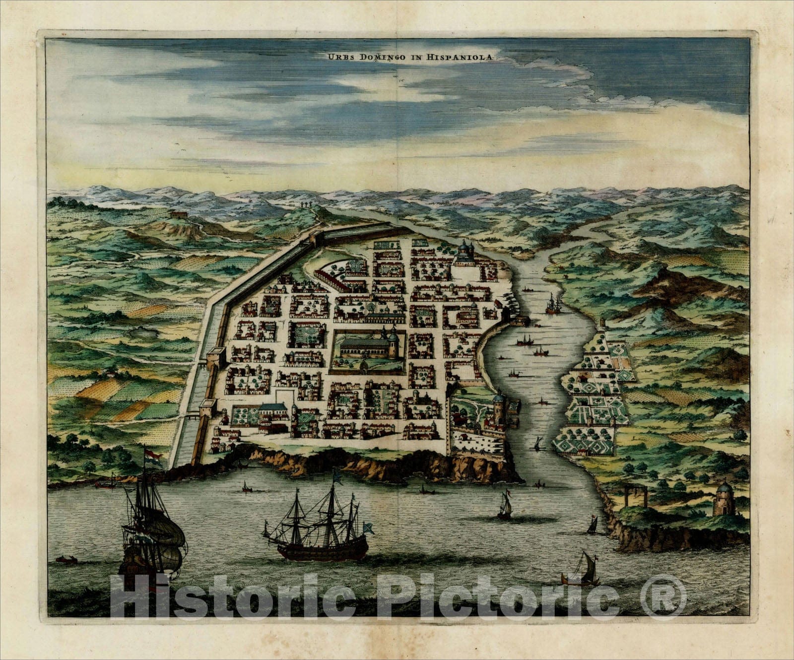 Historic Map : Urbs Domingo in Hispaniola, 1671, John Ogilby, Vintage Wall Art