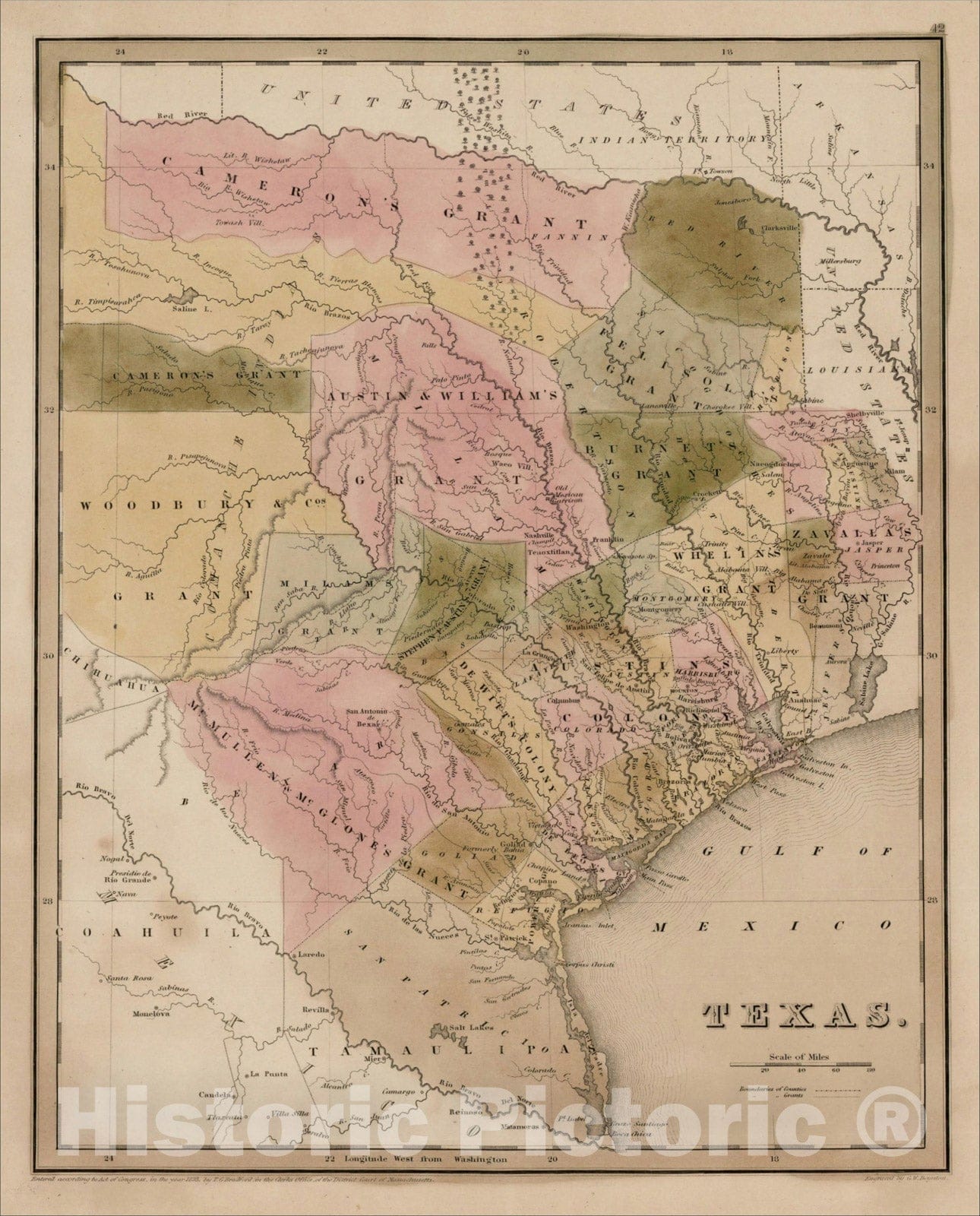 Historic Map : Texas, 1838, Thomas Gamaliel Bradford, v1, Vintage Wall Art