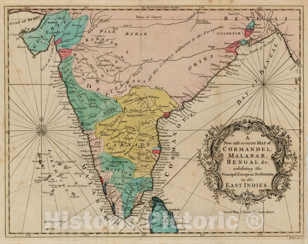 Historic Map : A New and accurate Map of Cormandel, Malabar, Bengal &c. exhibitng the Principal European Settlements in the East Indies., 1756, , Vintage Wall Art