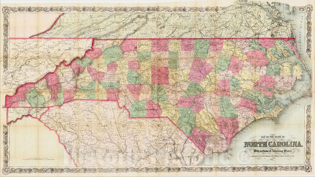 Historic Map : Map of the State of North Carolina, With portions of Adjoining States, 1866, 1866, G.W. & C.B. Colton, Vintage Wall Art