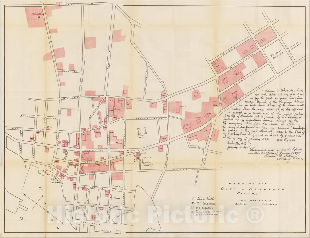 Historic Map : Part of the City of Honolulu Oahu H.I, 1894, U.S. Territorial Surveys, Vintage Wall Art