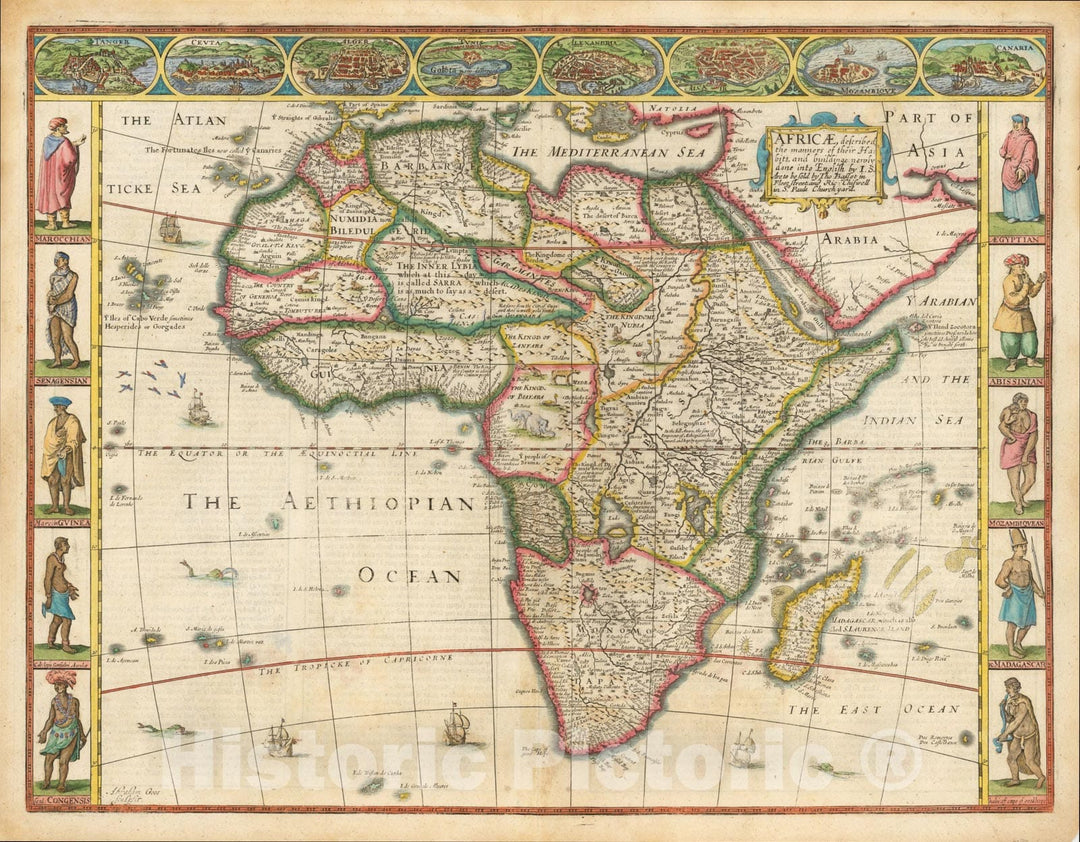 Historic Map : Africae, Described. The manners of their Habits and buildings newly done into English by I.S, 1676, John Speed, Vintage Wall Art