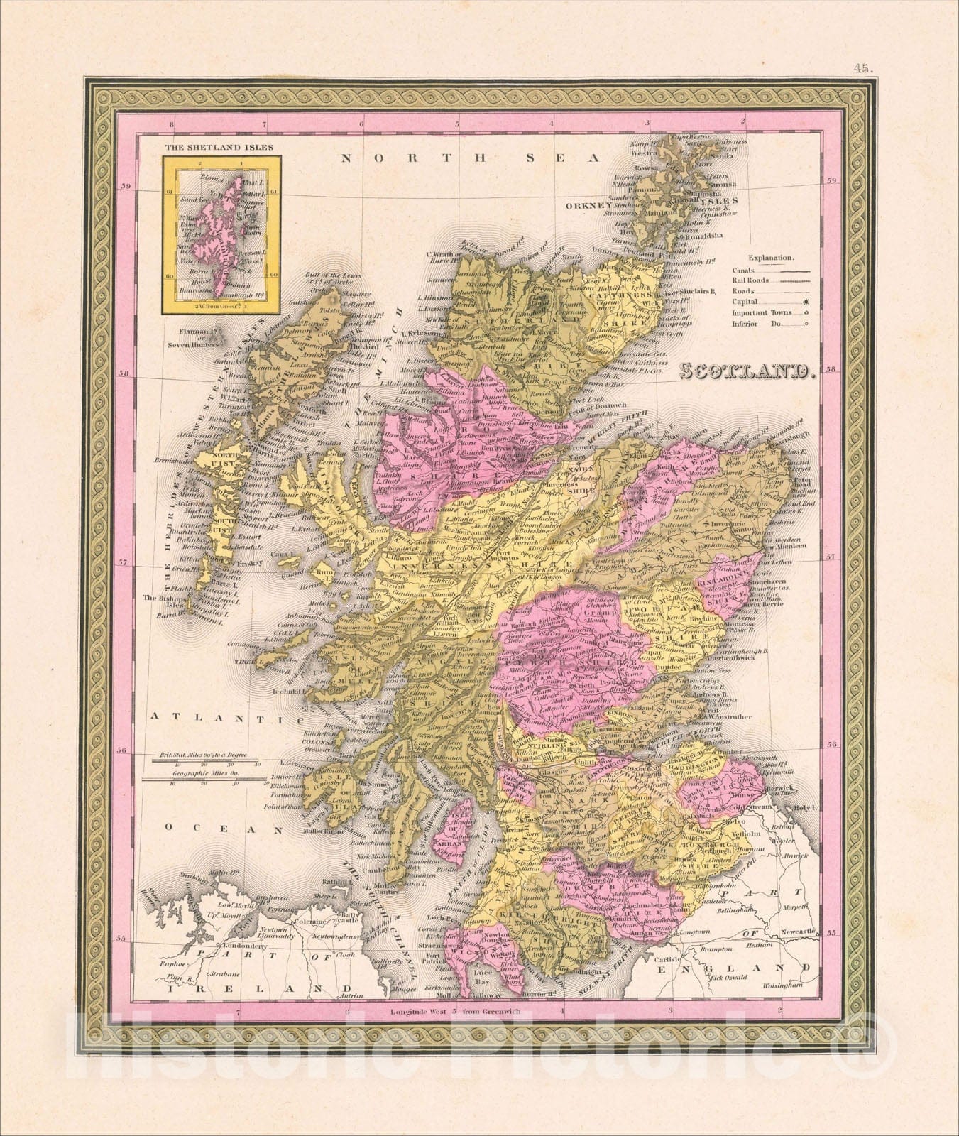 Historic Map : Scotland, 1847, Samuel Augustus Mitchell, Vintage Wall Art