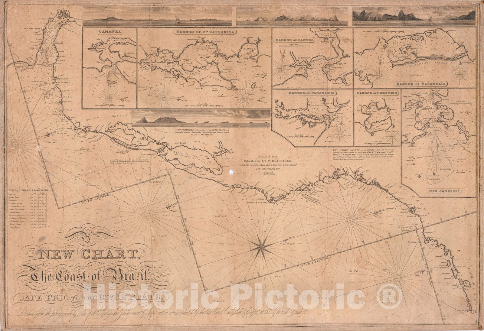 Historic Map : A New Chart of The Coast of Brazil From Cape Frio to the River Plate, c1835, Blachford & Co., Vintage Wall Art