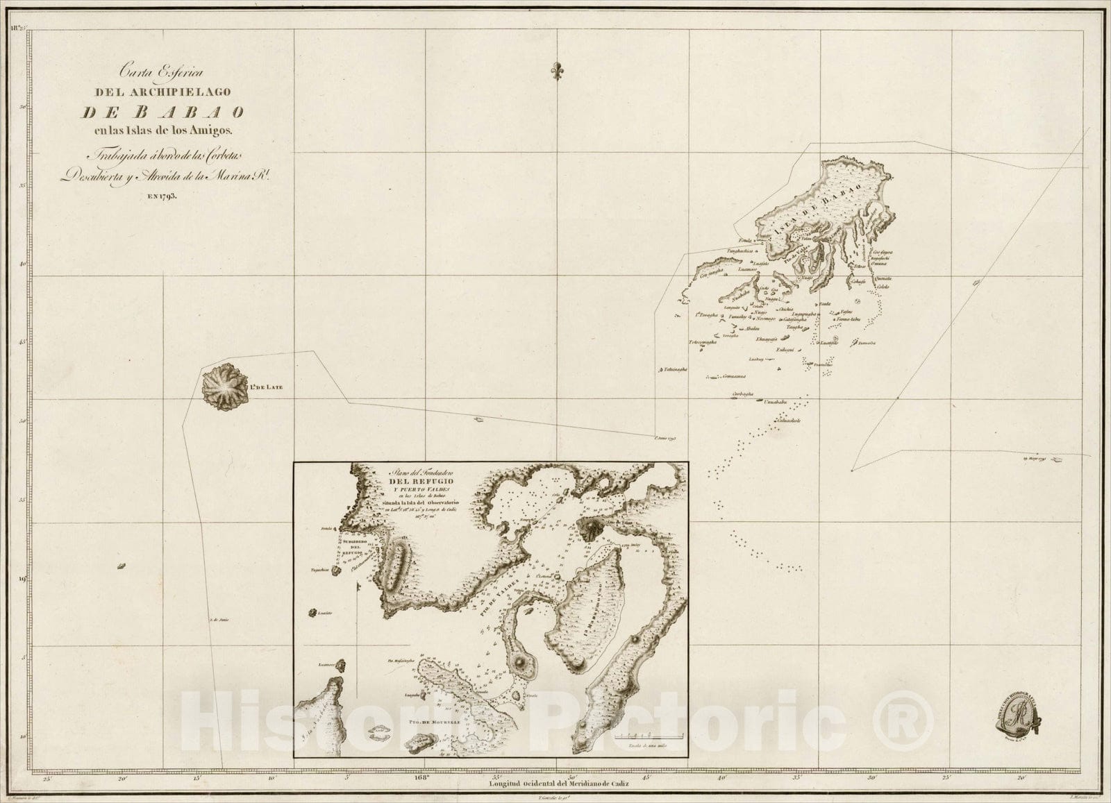 Historic Map : (Vava'u -- Neiafu --Tonga) Carta Esferica Del Archipielago De Babao en Islas de los Amigos, 1793, c1800, Direccion Hidrografica de Madrid, Vintage Wall Art