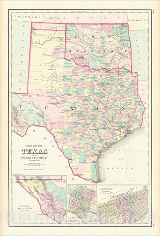 Historic Map : Gray's New Map of Texas and The Indian Territory, (includes insets of Austin and Galveston), 1875, O.W. Gray, Vintage Wall Art