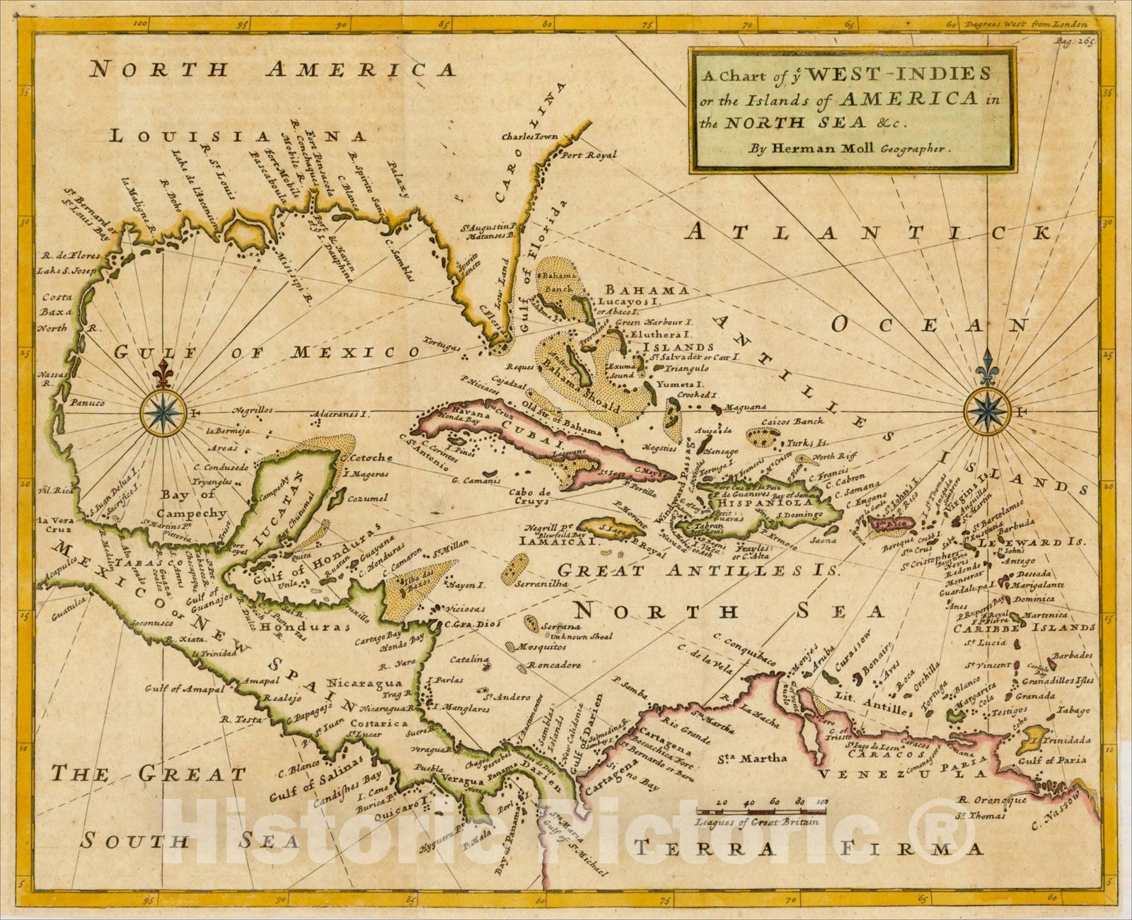 Historic Map : A Chart of ye West-Indies or the Islands of the Americas in the North Sea &c., c1730, Herman Moll, Vintage Wall Art