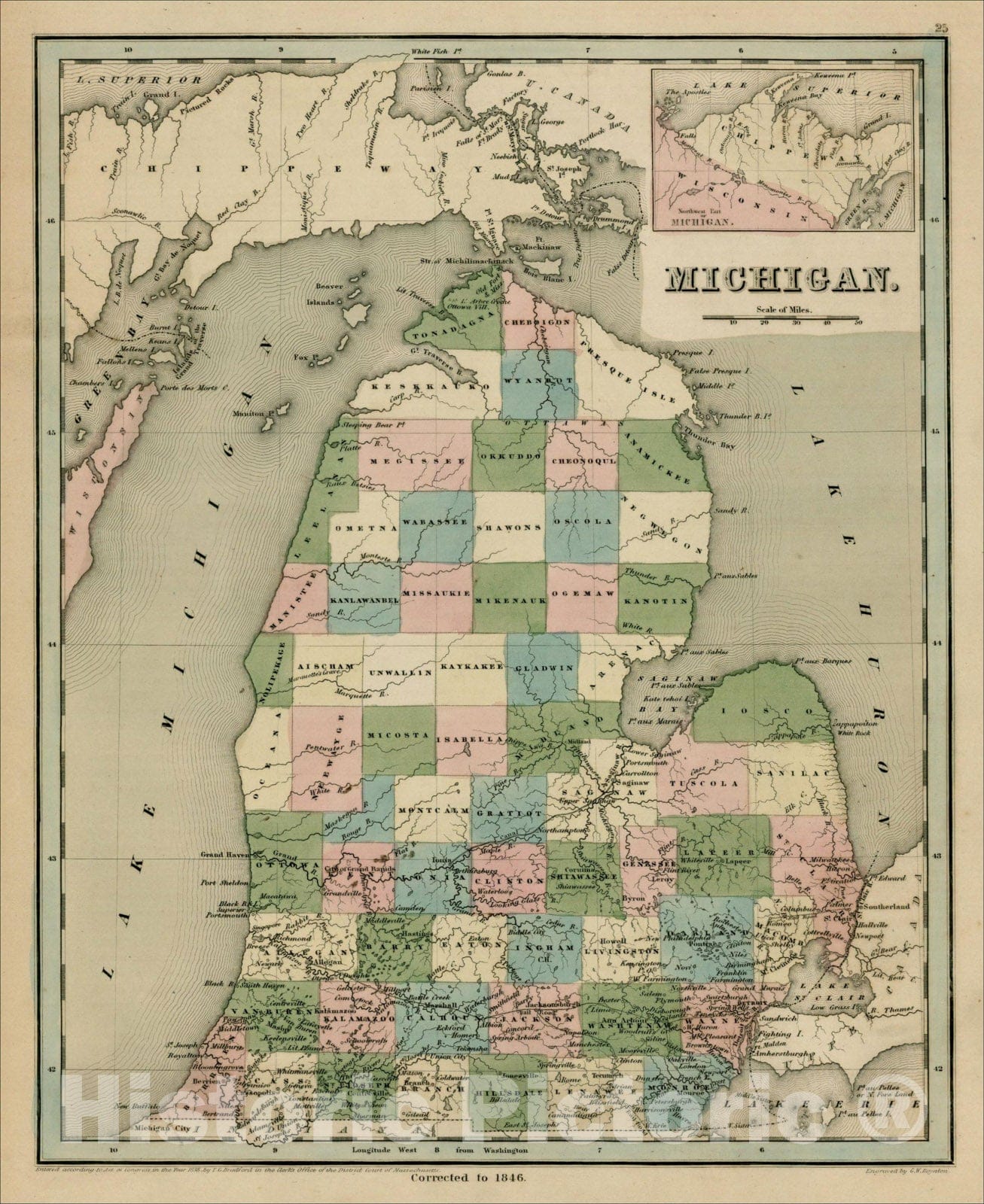 Historic Map : Michigan (Corrected to 1846), 1842, Thomas Gamaliel Bradford, Vintage Wall Art