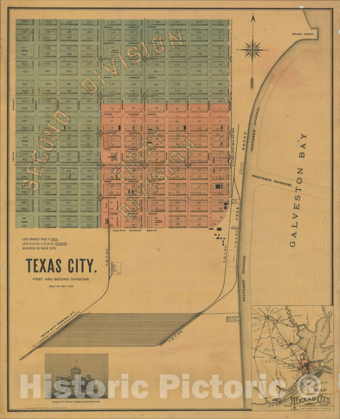 Historic Map : Texas City. First and Second Divisions, c1892, Clarke & Courts, Litho., Vintage Wall Art