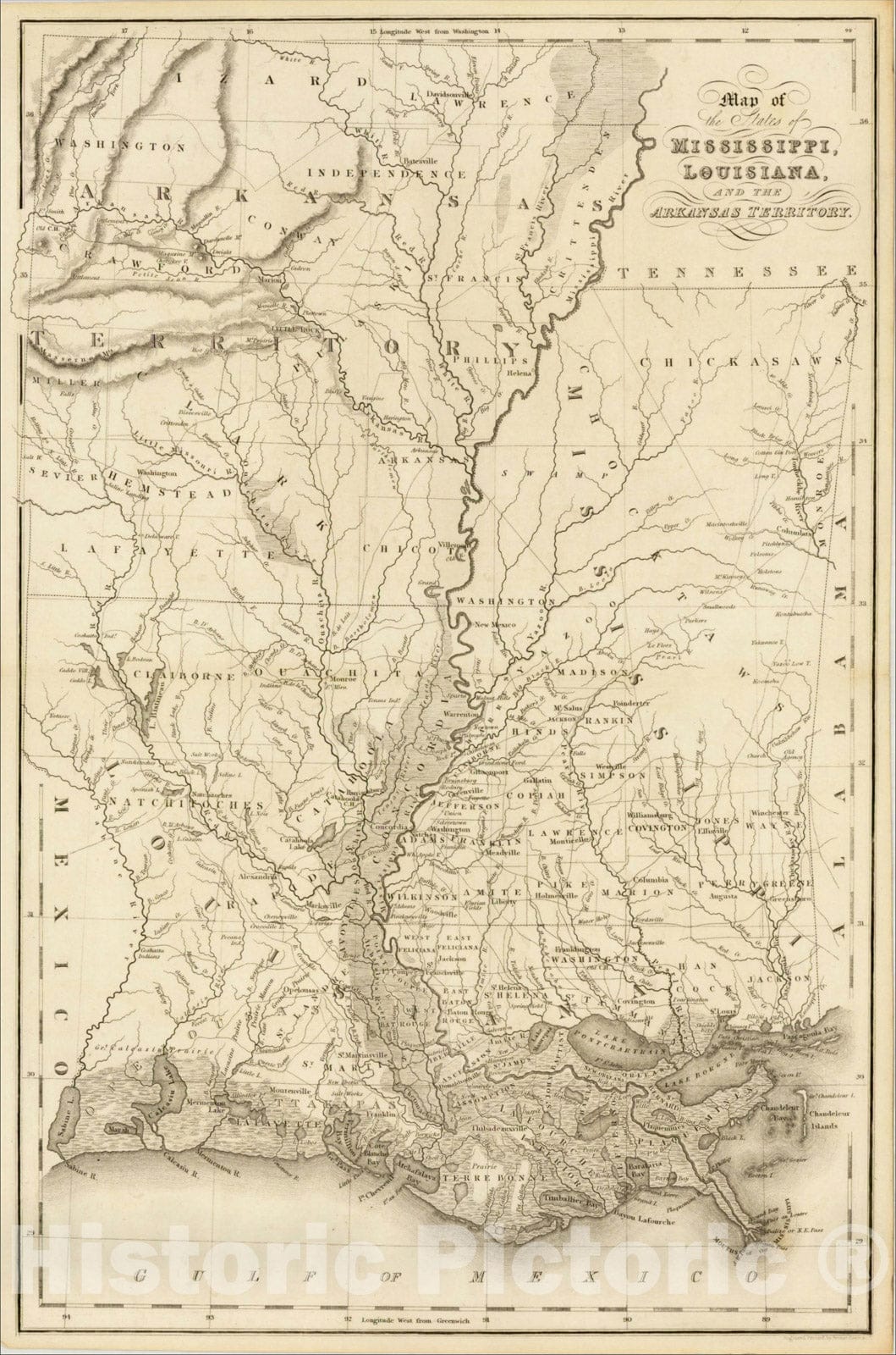 Historic Map : Map of the States of Mississippi, Louisiana and the Arkansas Territory, 1832, Hinton, Simpkin & Marshall, Vintage Wall Art