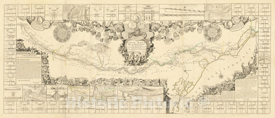 Historic Map : Le Canal Royal de Languedoc Pour la Ionction L'Ocean et de la Mer Mediterrane, 1697, 1697, Jean-Baptiste Nolin, Vintage Wall Art