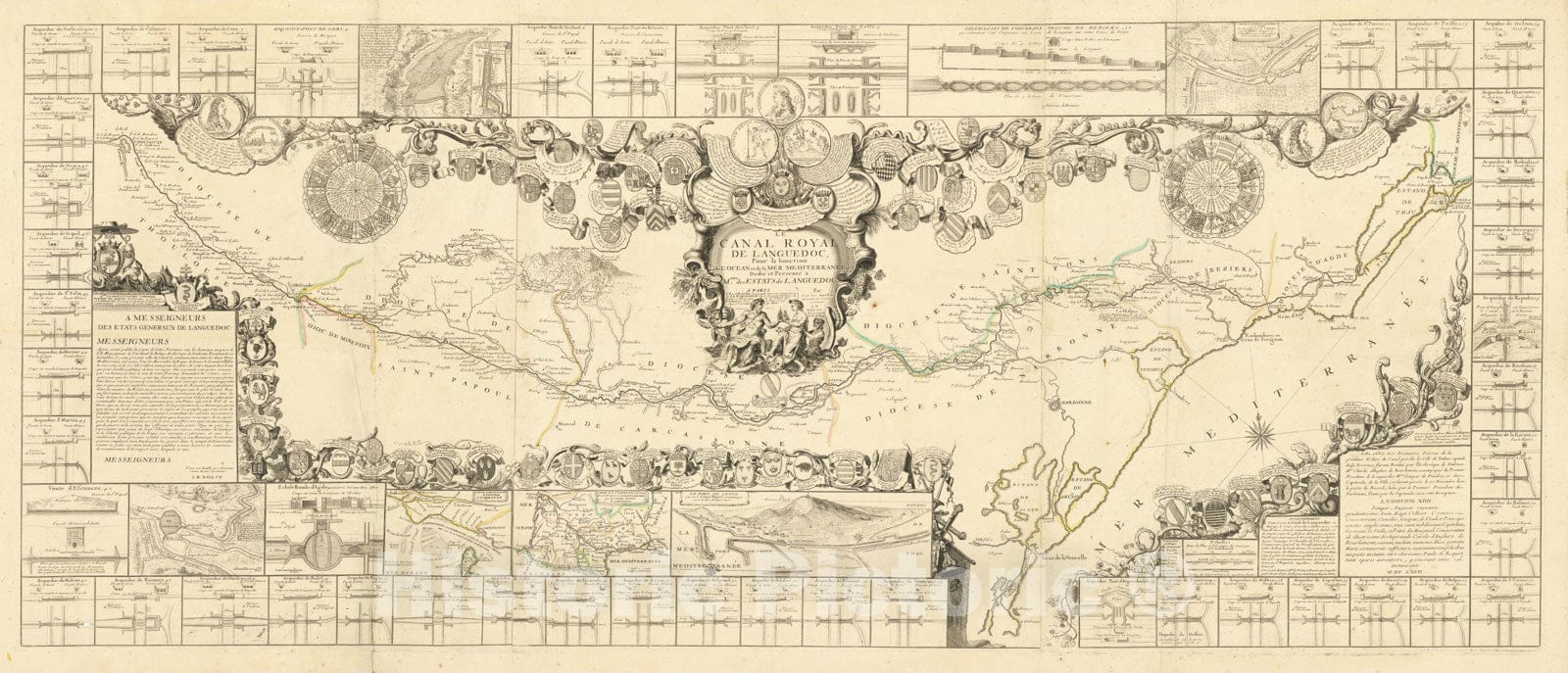 Historic Map : Le Canal Royal de Languedoc Pour la Ionction L'Ocean et de la Mer Mediterrane, 1697, 1697, Jean-Baptiste Nolin, Vintage Wall Art