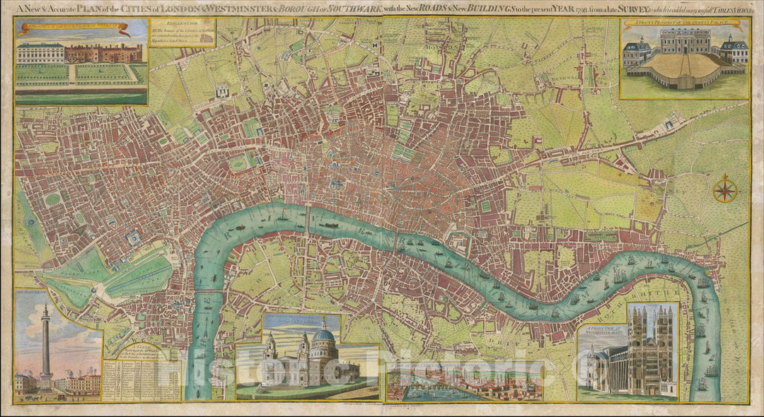 Historic Map : A New & Accurate Plan of the Cities of London & Westminster & Borough of Southwark with the New Road, 1798, , Vintage Wall Art