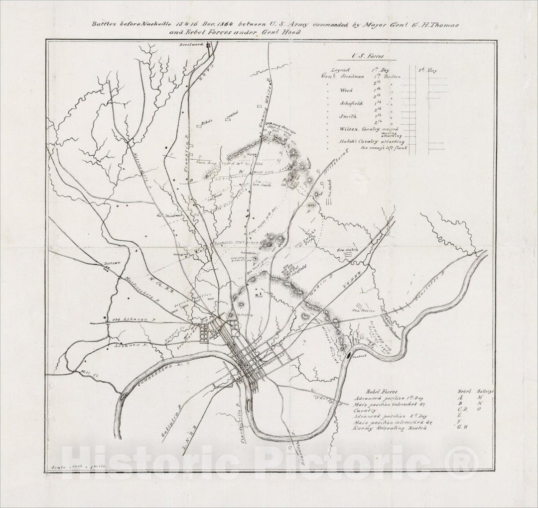 Historic Map : Battles before Nashville 15 & 16 December 1864 between U. S. Army commanded by Major Gen?l G. H. Thomas and Rebel Forces under Gen?l Hood, c1864, Vintage Wall Art