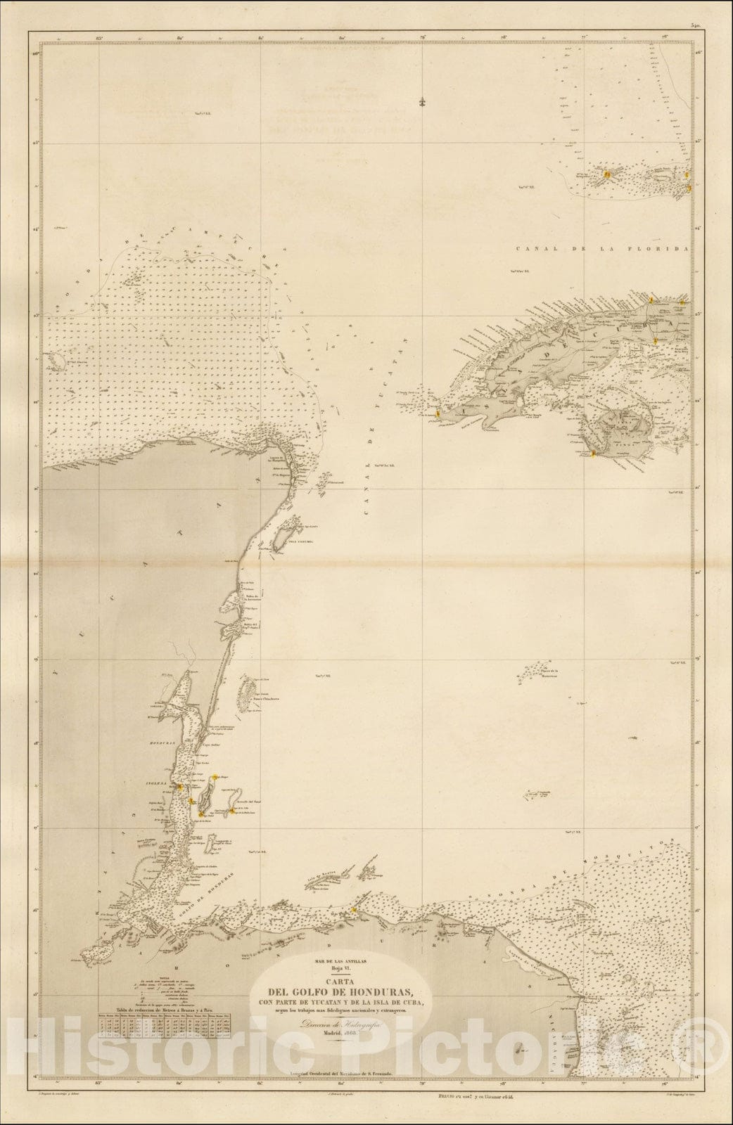 Historic Map : Carta Del Golfo De Honduras, Con Parte De Yucatan y De La Isla De Cuba, 1868, Direccion Hidrografica de Madrid, Vintage Wall Art