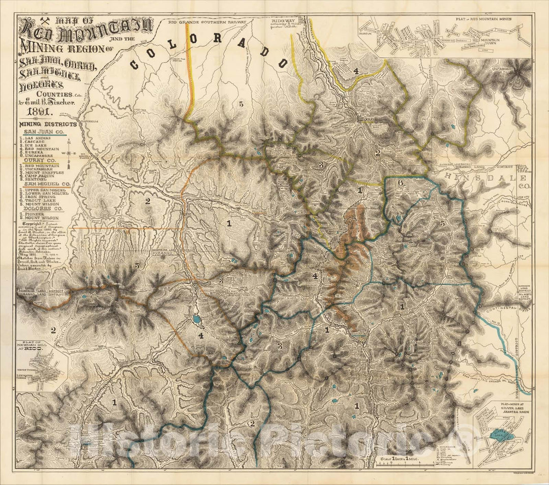 Historic Map : Map of Red Mountain and the Mining Region of San Juan, Ouray, San Miguel and Dolores Counties, Colo. By Emil Fischer. 1891., 1891, Vintage Wall Art