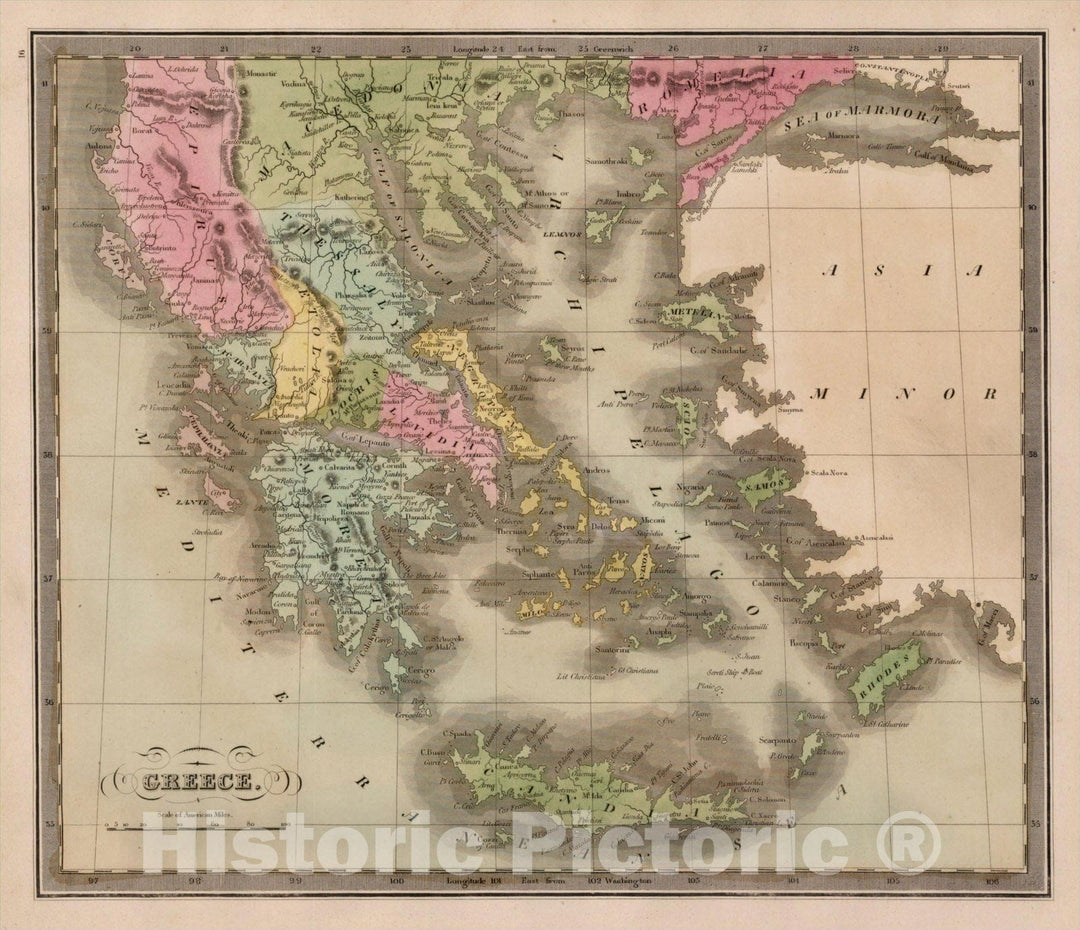 Historic Map : Greece, 1842, Jeremiah Greenleaf, Vintage Wall Art