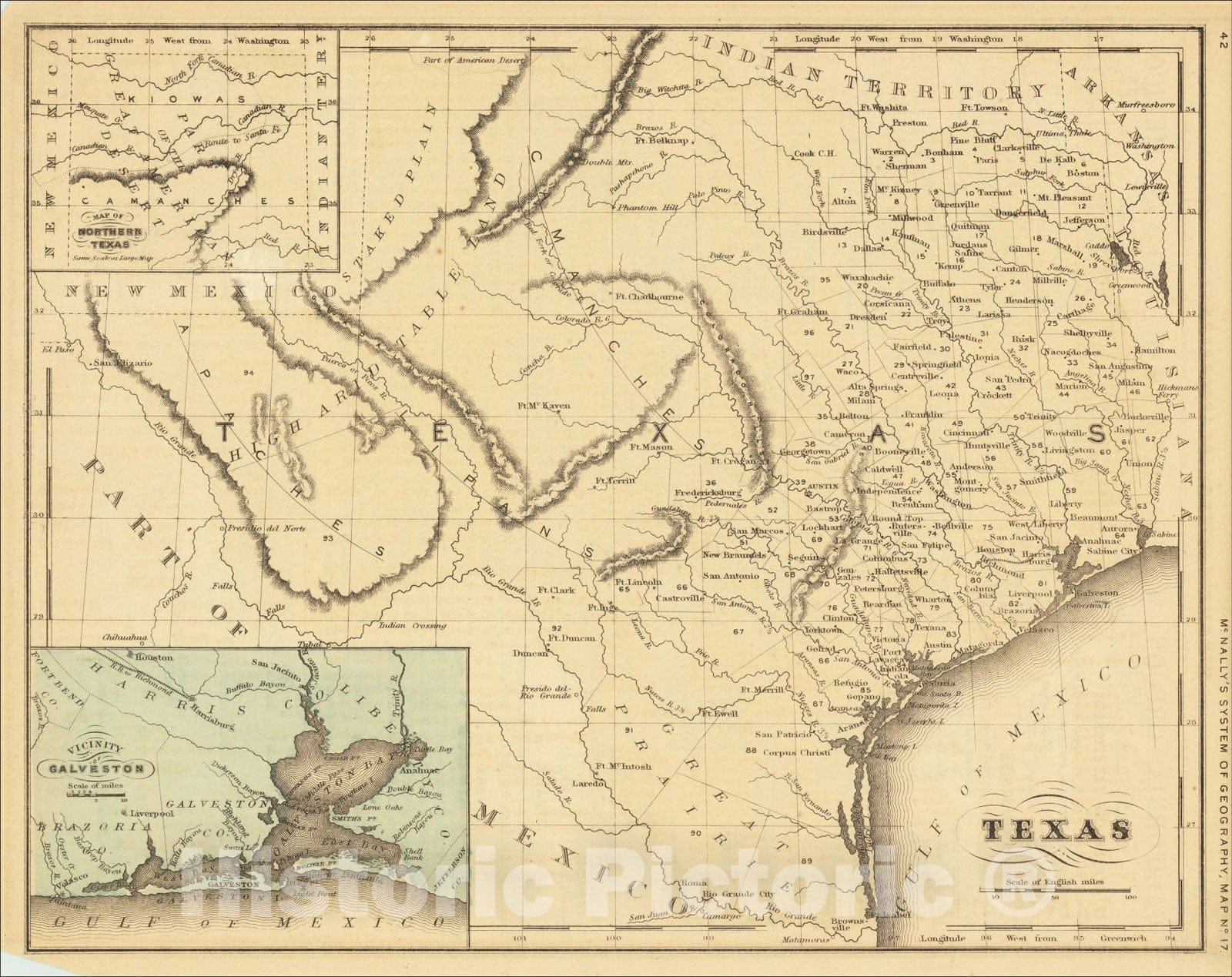 Historic Map : Texas, c1851, William McNally, Vintage Wall Art