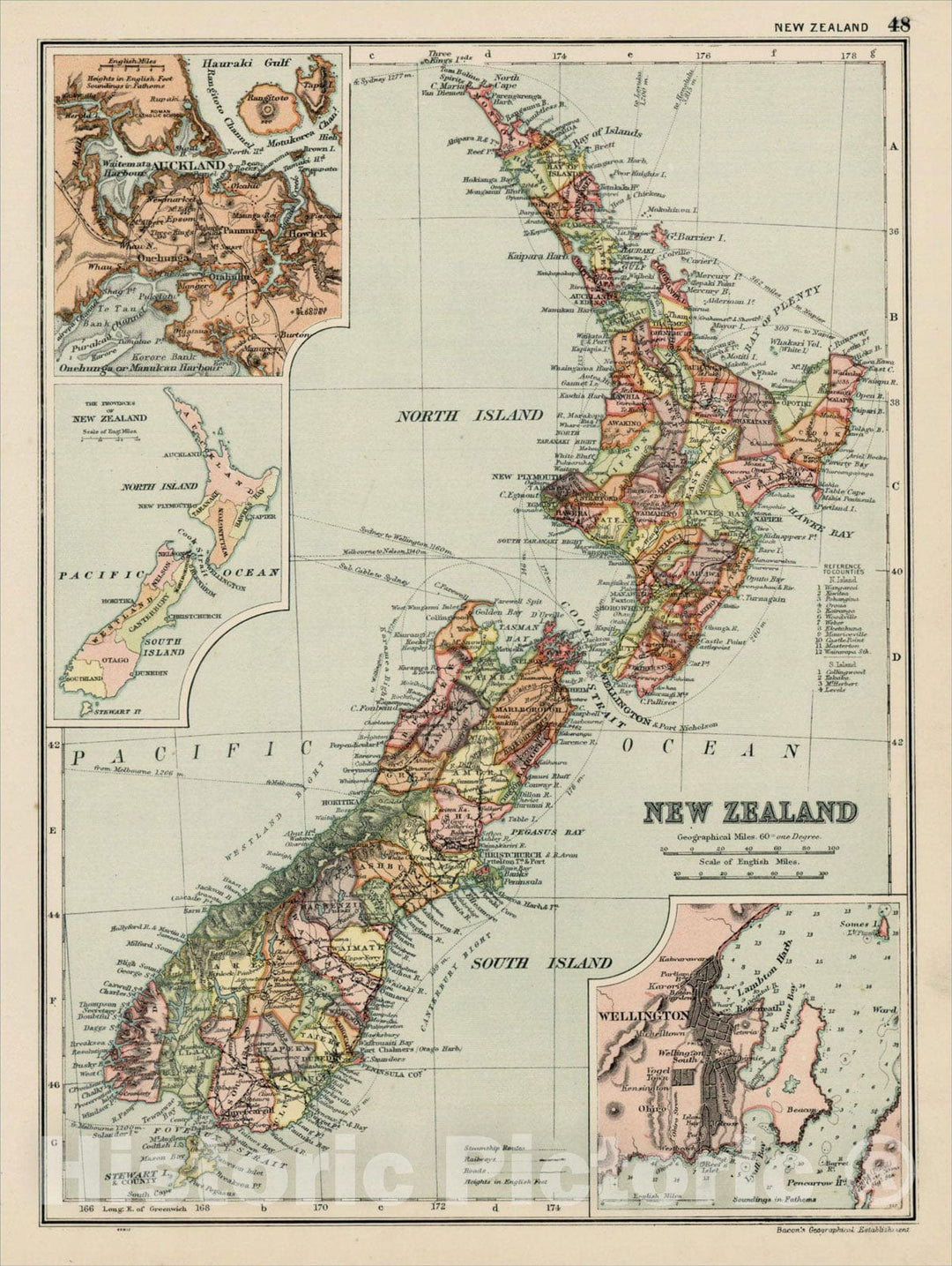 Historic Map : New Zealand (with insets of Auckland and Wellington), 1898, Bacon & Co., Vintage Wall Art