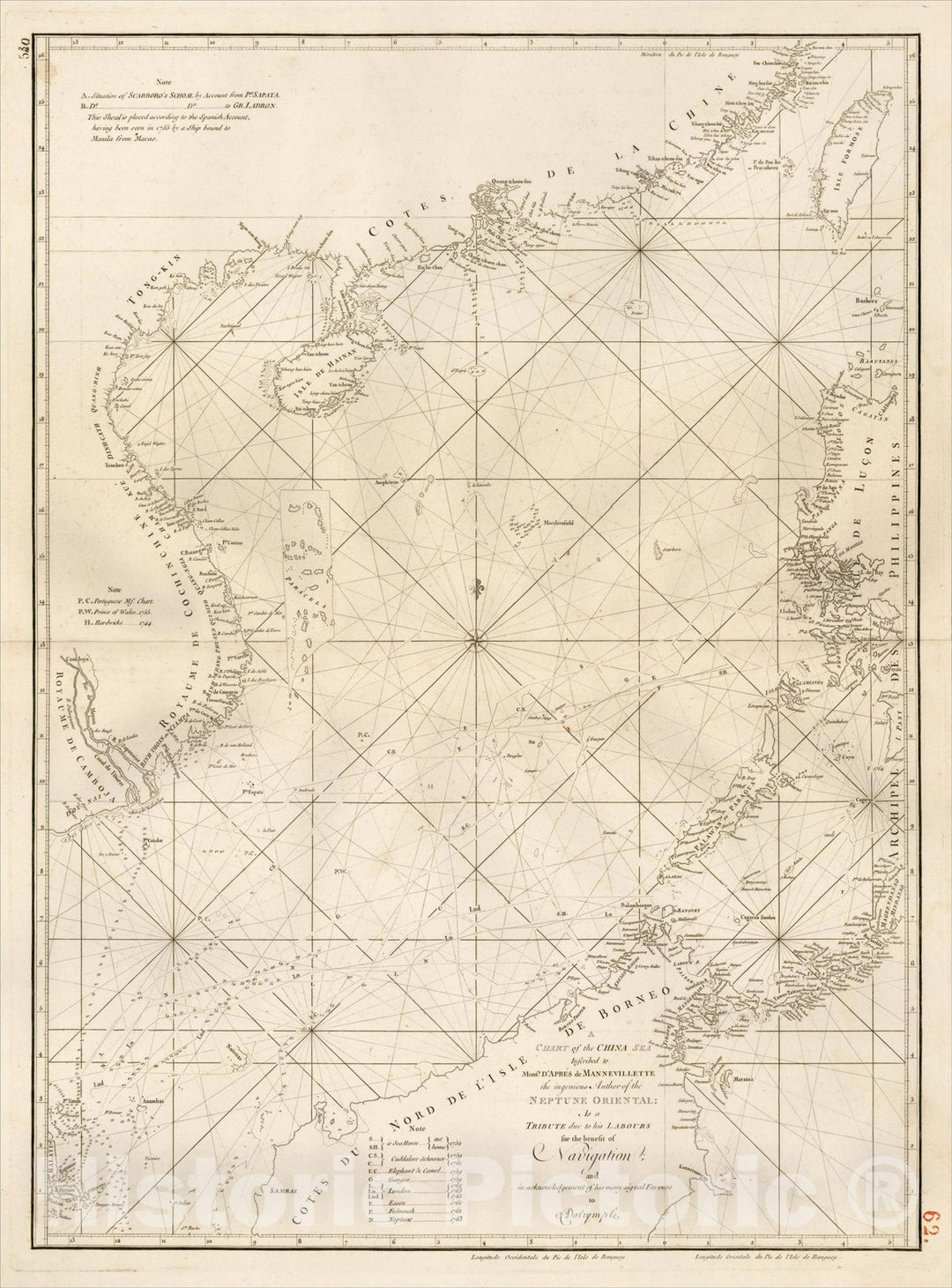 Historic Map : A Chart of the China Sea Inscribed to Monsr, 1770, Jean-Baptiste-Nicolas-Denis d'Apr? de Mannevillette, Vintage Wall Art