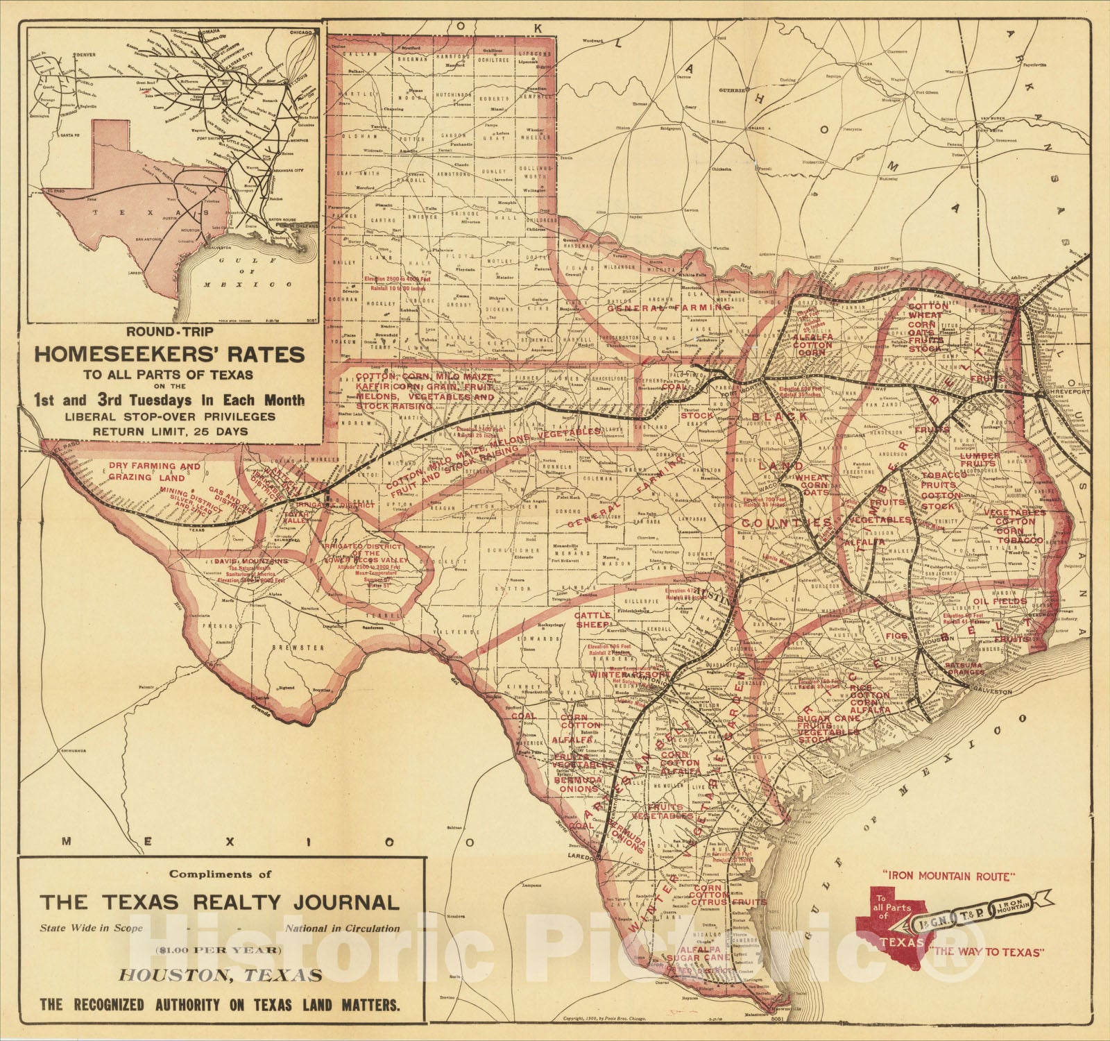 Historic Map : Iron Mountain Route to all Parts of Texas - Round-Trip Homeseekers' Rates to All parts of Texas, 1909, Poole Brothers, Vintage Wall Art