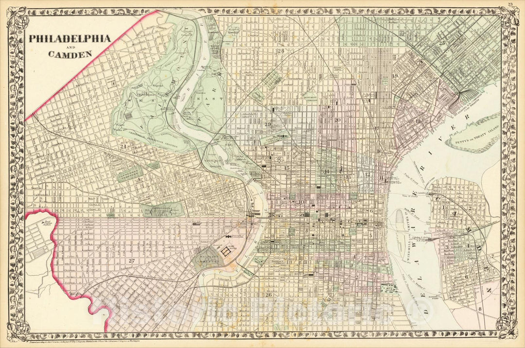 Historic Map : Plan of the City of Philadelphia and Camden, 1872, Samuel Augustus Mitchell Jr., Vintage Wall Art