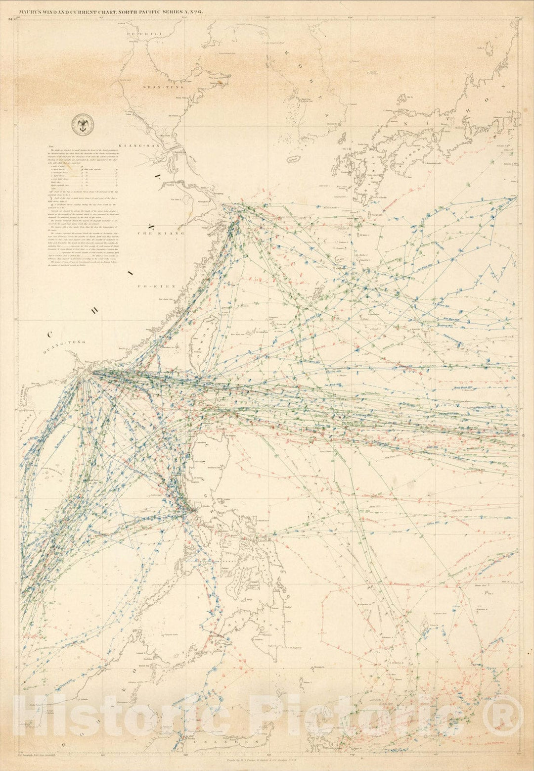 Historic Map : Maury's Wind and Current Chart, North Pacific Series A. No. 6 (China, Korea, Hong Kong, Japan, Philippines), 1852, Matthew Fontaine Maury, Vintage Wall Art