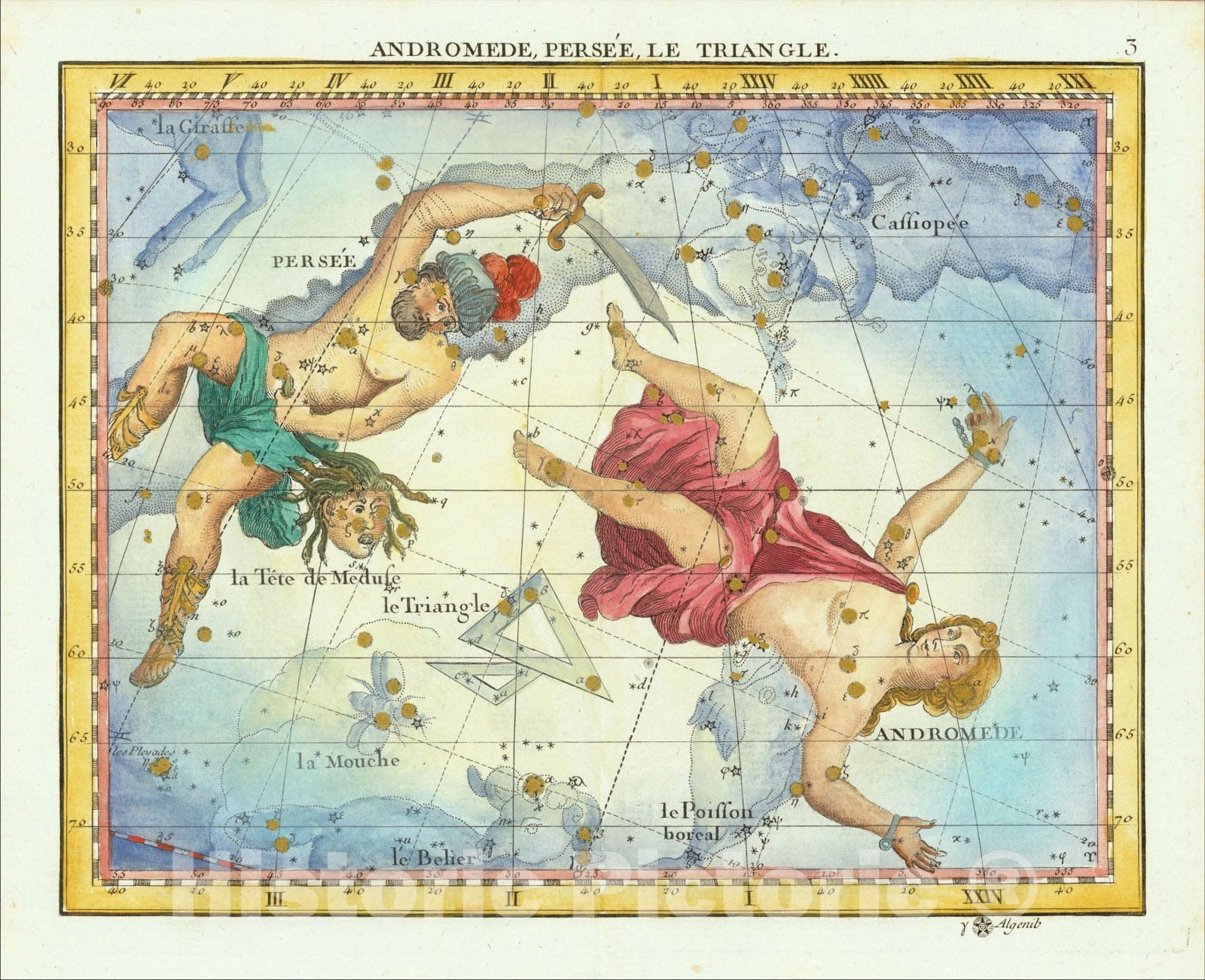 Historic Map : Andromede, Persee, Le Triangle (Andromeda, Perseus & Triangle), 1795, John Flamsteed, Vintage Wall Art