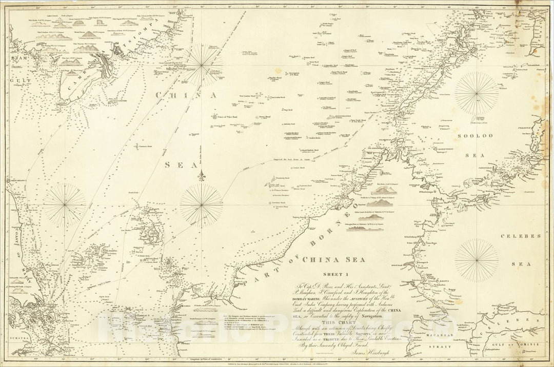 Historic Map : China Sea Sheet 1 (Singapore, Siam, Cambodia, Mindanao, Borneo), 1839, James Horsburgh, Vintage Wall Art