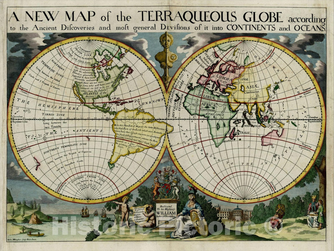 Historic Map : A New Map of the Terraqueous Globe according to the Ancient Discoveries and most general Divisions of it into Contienents and Oceans., 1700, Vintage Wall Art