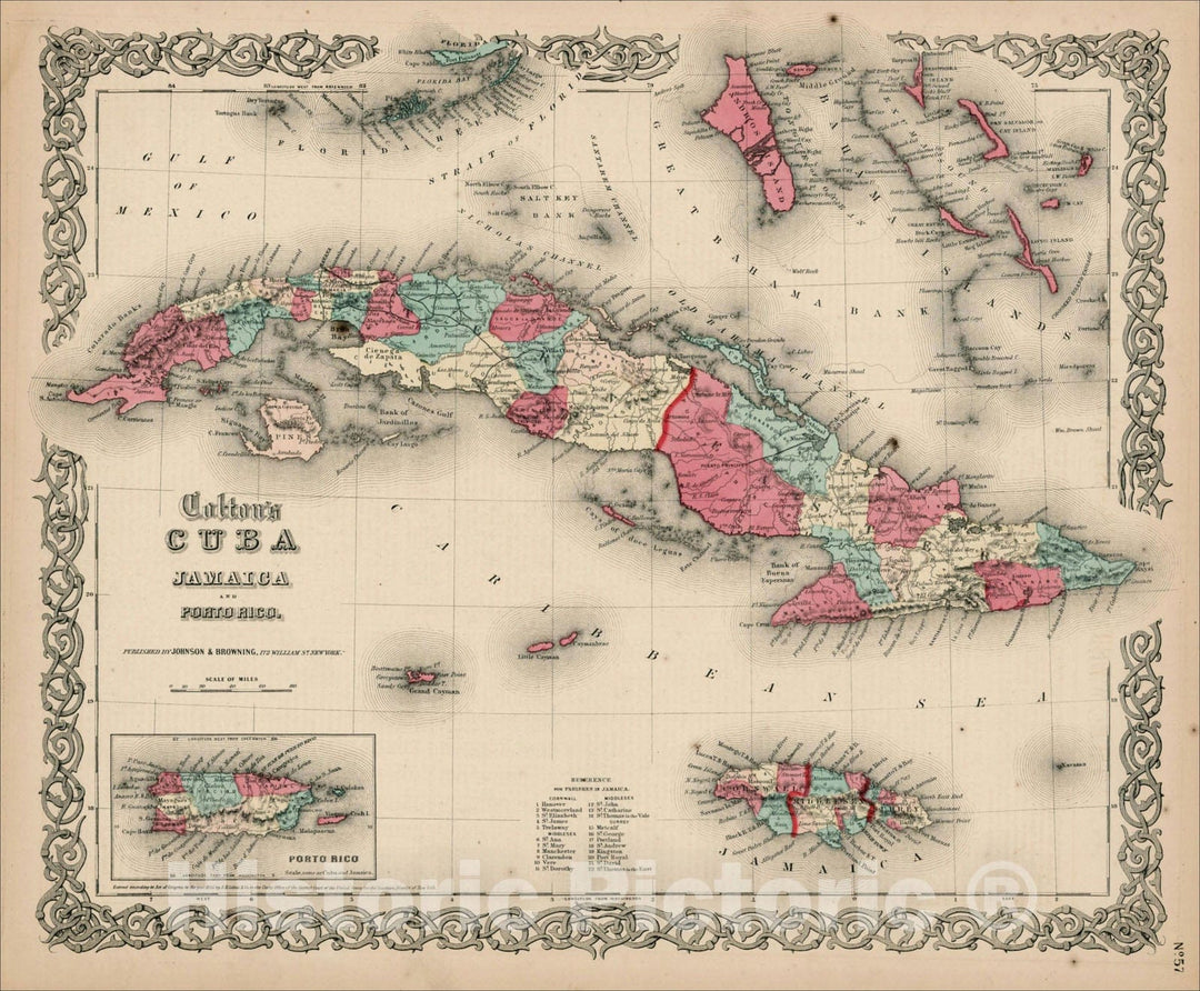 Historic Map : Colton's Cuba, Jamaica and Porto Rico, 1859, Joseph Hutchins Colton, Vintage Wall Art