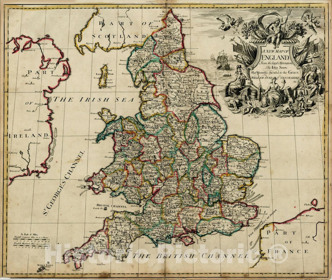 Historic Map : A New Map of England; From the latest Observations, By Johna Senex, 1721, John Senex, Vintage Wall Art