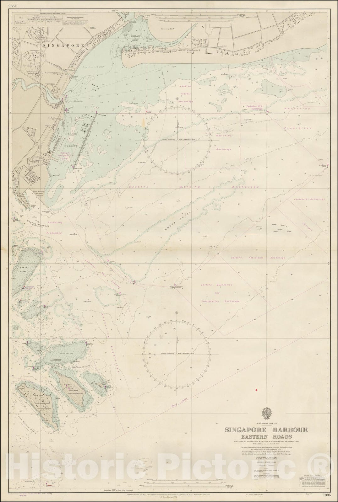 Historic Map : Singapore Harbour Eastern Roads. Surveyed by Commander M.J. Barker, R.N., H.M. Surveying Ship, 1976, British Admiralty, Vintage Wall Art