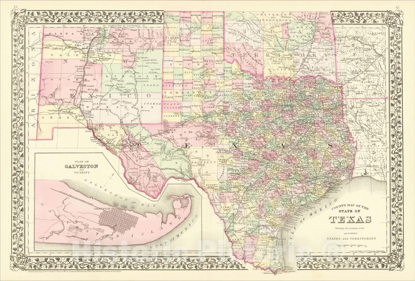 Historic Map : County Map of The State of Texas Showing also portions of the Adjoining States and Territories, 1881, Samuel Augustus Mitchell Jr., Vintage Wall Art