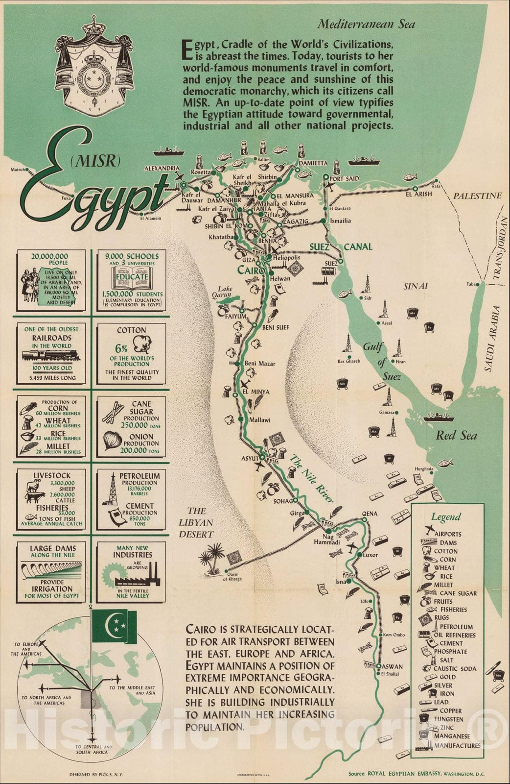 Historic Map : Egypt (MISR) (WWII Propoganda Map), 1949, Royal Egyptian Embassy, Vintage Wall Art