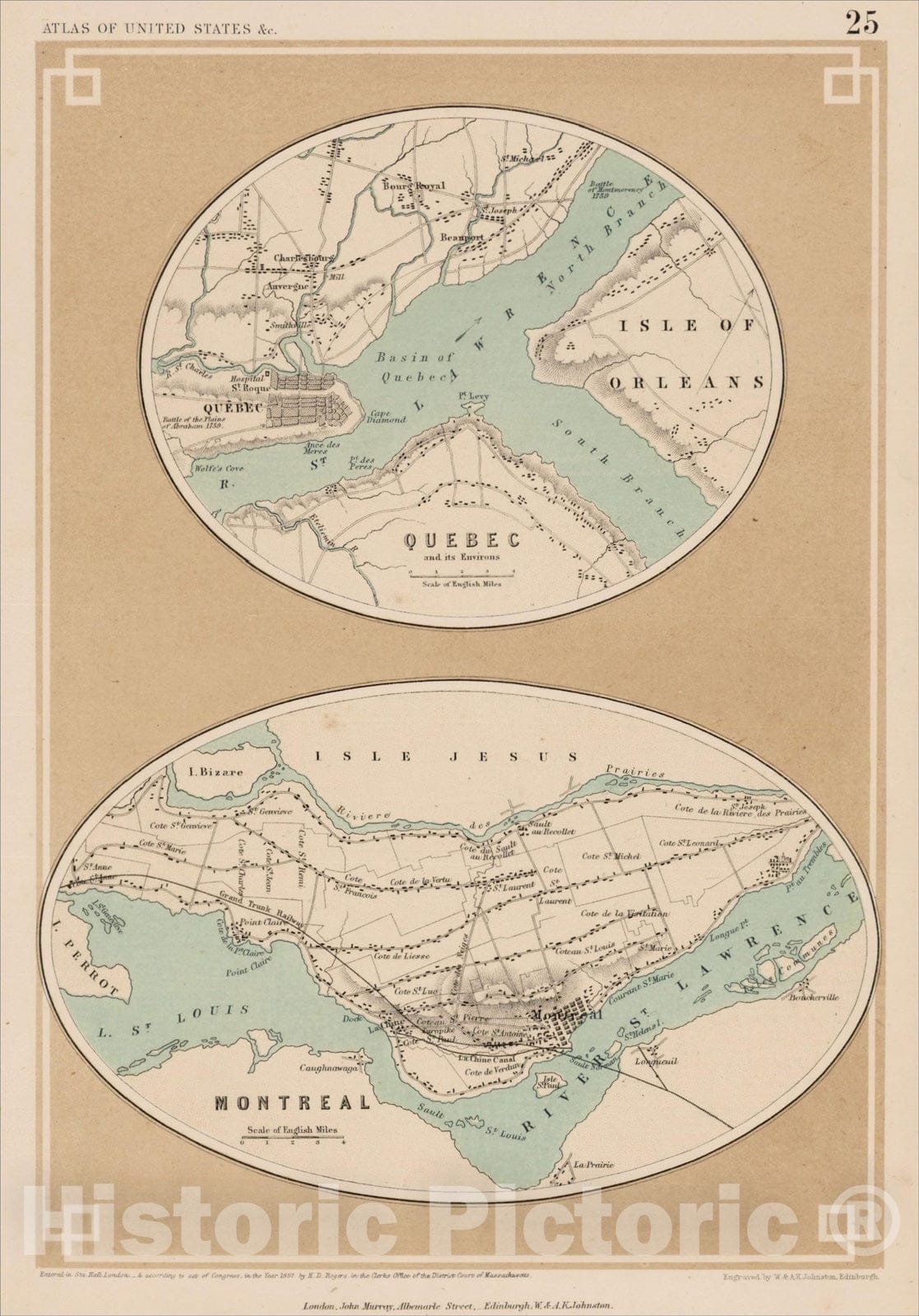 Historic Map : Quebec (and) Montreal, 1857, Henry Darwin Rogers, Vintage Wall Art