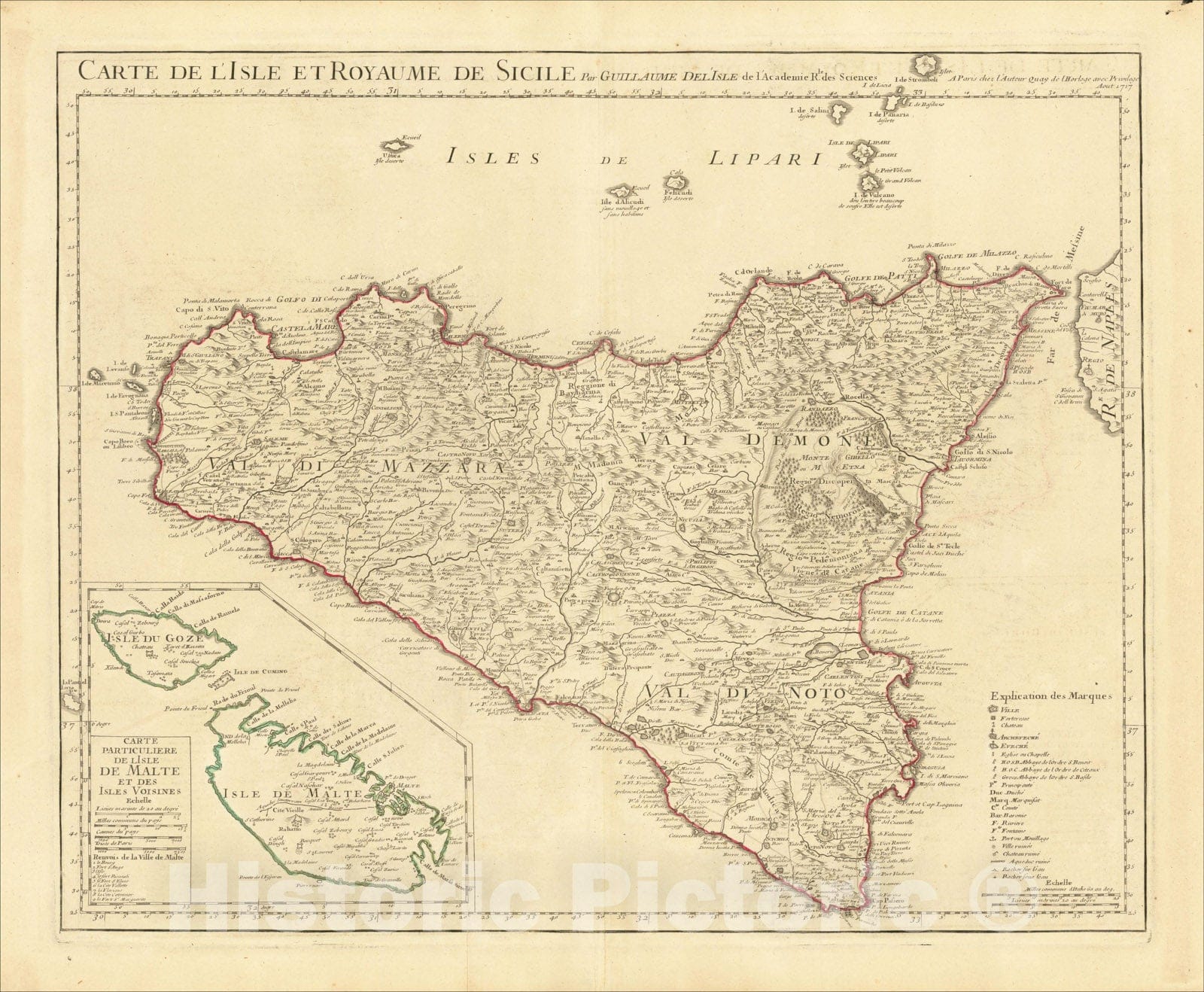 Historic Map : Carte de l'isle et Royaume de Sicile, 1717 (large Malta inset), 1717, Guillaume De L'Isle, Vintage Wall Art