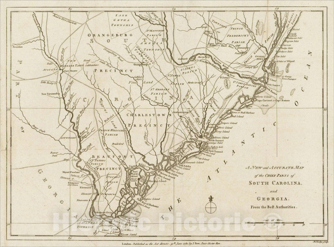 Historic Map : A New and Accurate Map of the Chief Part of South Carolina and Georgia from From the Best Authorities, 1780, Political Magazine, Vintage Wall Art